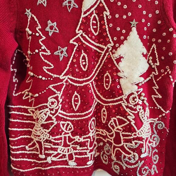 Christmas Sweater Women Small Red Beaded Winter Scene Family Holiday Party Retro - Picture 3 of 11